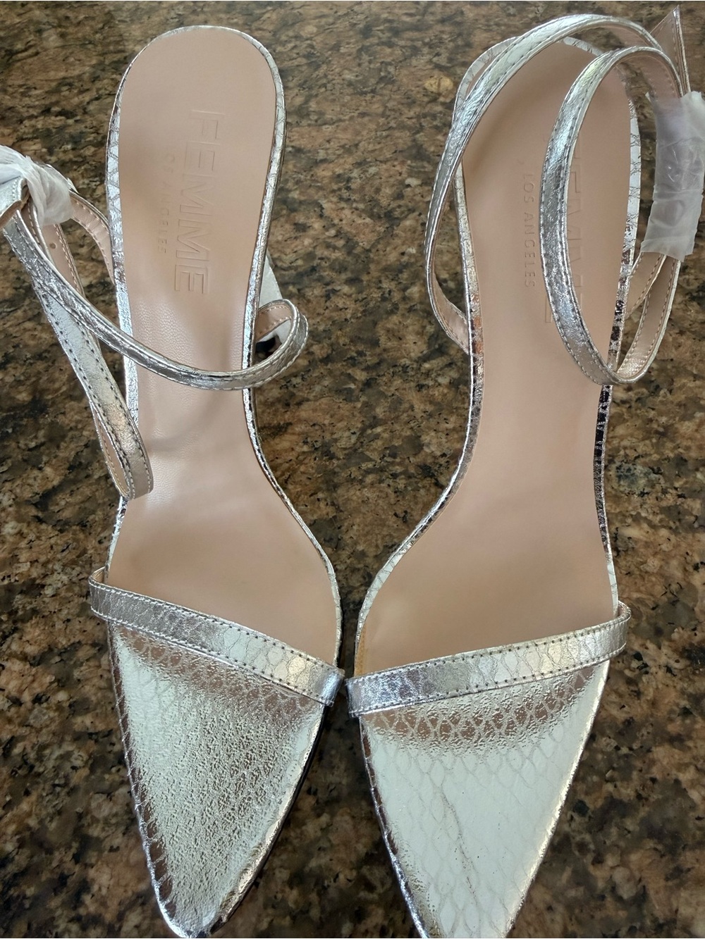 FEMME LA  Silver Pointed-Toe Ankle-Strap Heels